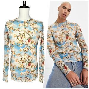ASOS Design | Men | Rococo Floral Angels LS Sheer Mesh Muscle Shirt | Size Small
